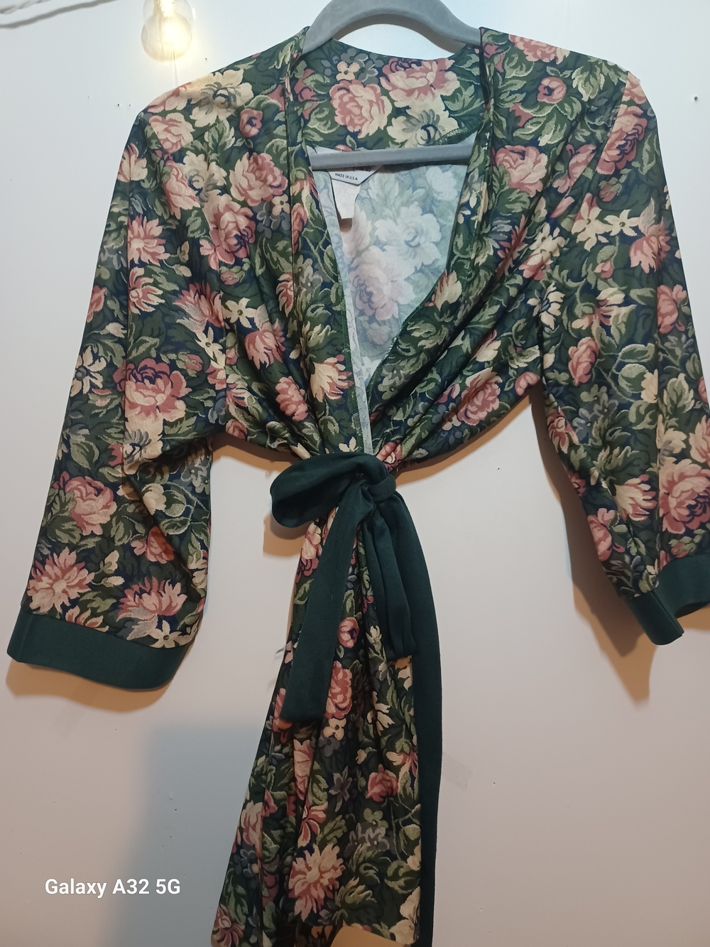 Floral Tie-Front Robe — Dark Green with Pink Roses